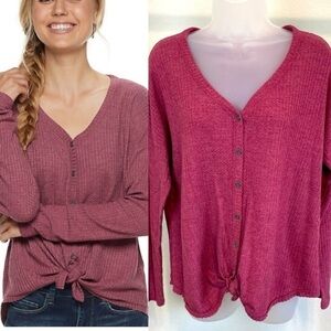 Mudd Women’s Long Sleeve Shirt Large Pink Stretch Waffle Knit Contemporary